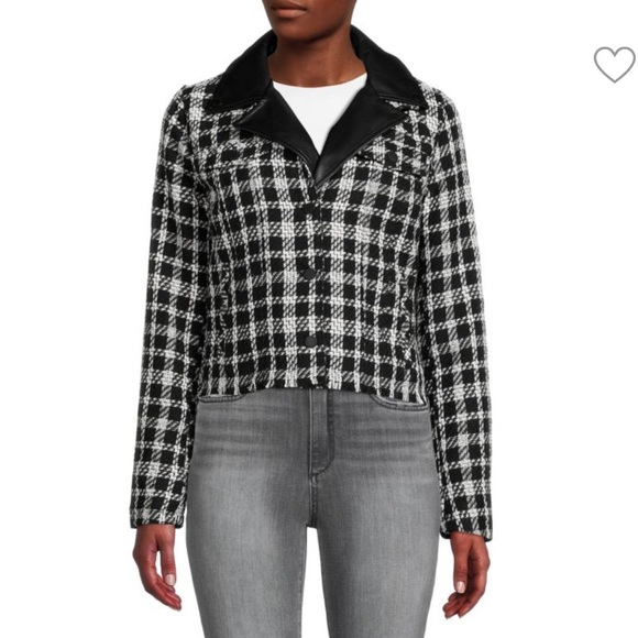 Karl Lagerfeld Paris Faux Leather‎ Collar Tweed Jacket Black White XL - Picture 6 of 6